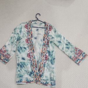 Johnny Was / Amanda Bond  Cream, Blue and Green Tie-Dye Kimono with Embroidery